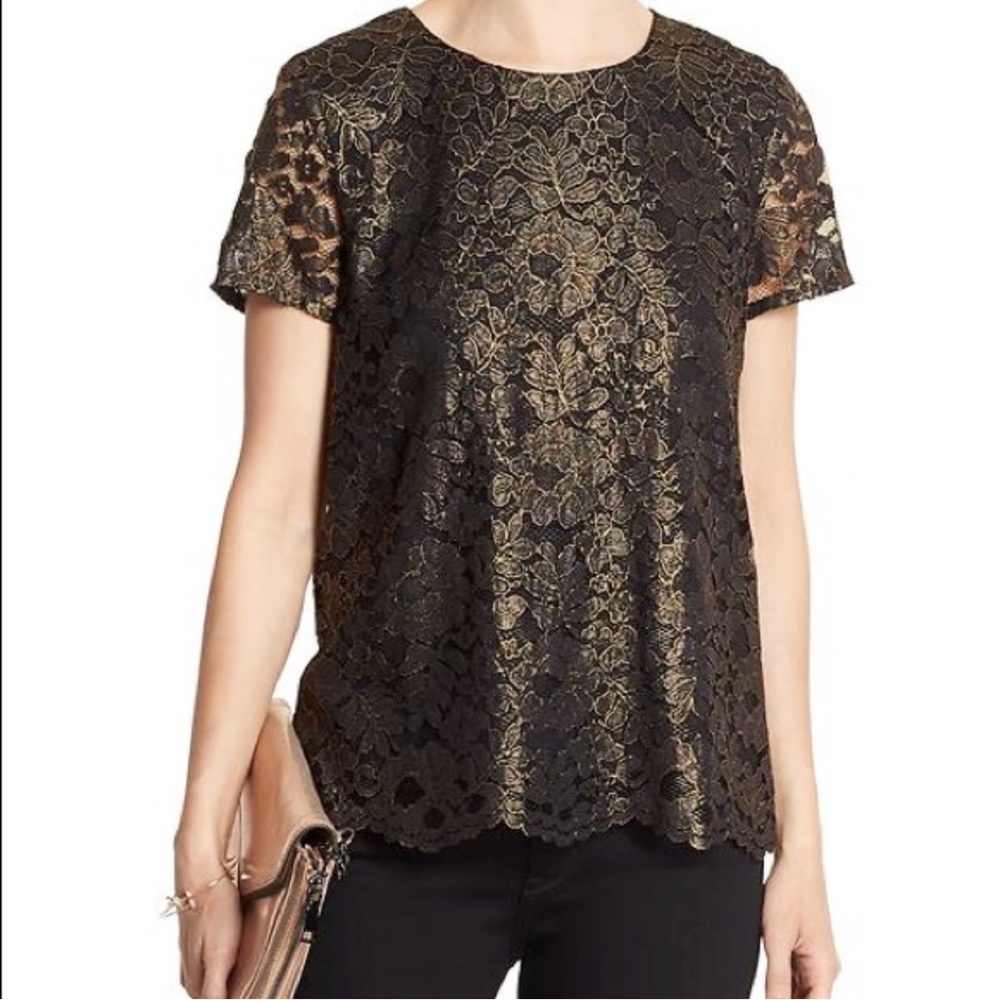 Banana Republic Black Gold Metallic Lace Tie Back Blouse NWT Medium Romantic